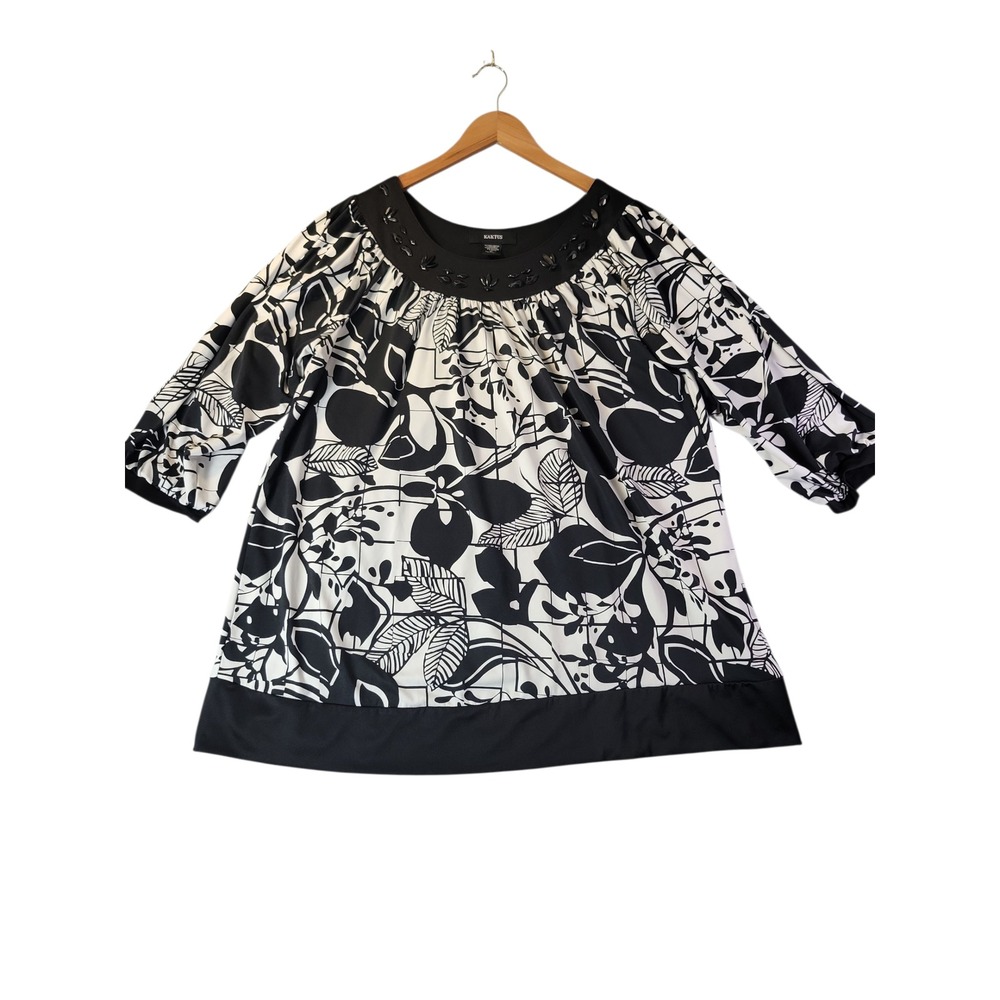 Kaktus Woman Black White Floral Tunic Top XL Boho Artsy Abstract Blouse Chic